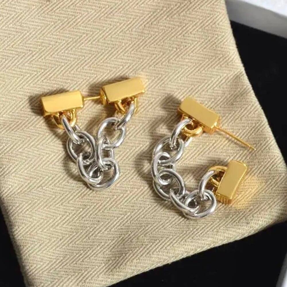 Chunky Chain Link Earrings 2 Two Tone Gold Silver Mixed Metal Rabanne STYLE F01 - Picture 5 of 5